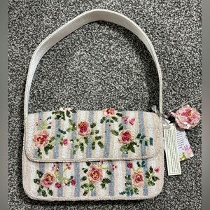 India Beaded Bag Pink Rose Flowers with Blue Pink White Stripes and Bag Charm